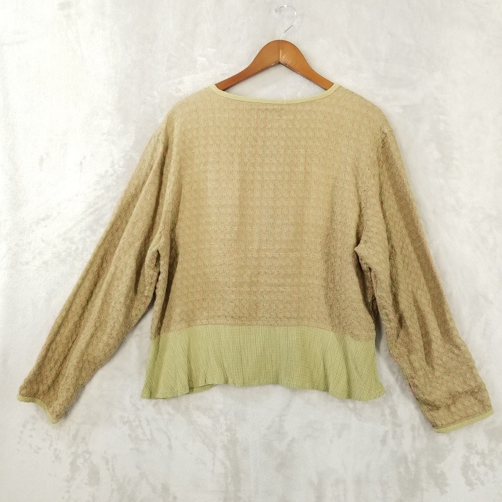 Flax Cardigan Women M Pink Green Check Linen Long Sleeve Pocket Jacket Topper - Picture 2 of 8